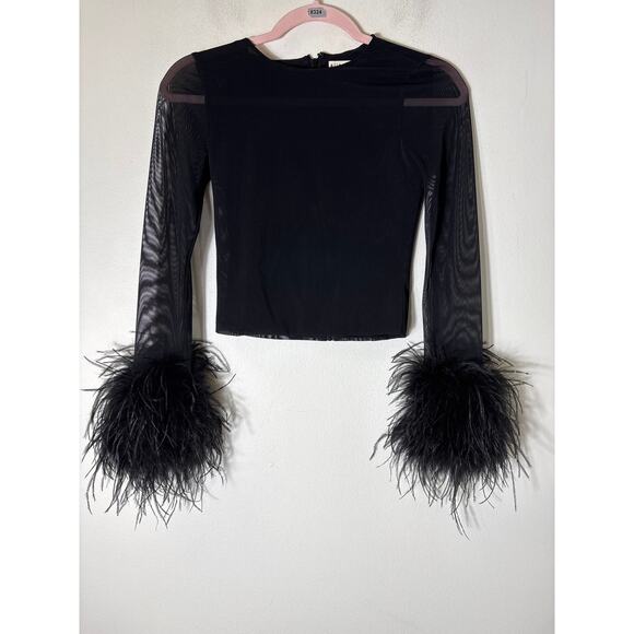 Alice + Olivia Tops - Alice + Olivia Black Mesh Long Sleeve Feather Cuff Shirt Sz XS